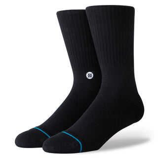 Black STANCE ICON CREW SOCKS with ribbed cuff and turquoise detail on toe in soft combed cotton blend