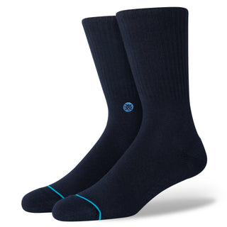 STANCE ICON CREW SOCKS in navy blue with turquoise toe detail and embroidered logo on ribbed cotton fabric