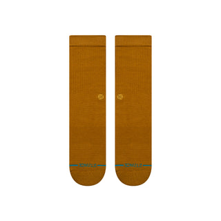 STANCE ICON CREW SOCKS in mustard color with blue logo and soft combed cotton knit texture