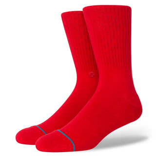 Red ribbed STANCE ICON CREW SOCKS with blue toe detail made from combed cotton blend fibers