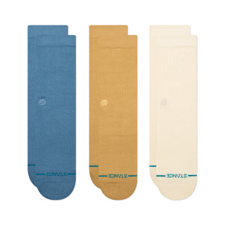 STANCE ICON CREW SOCKS 3 PACK in blue, mustard, and cream with ribbed texture and embroidered logo