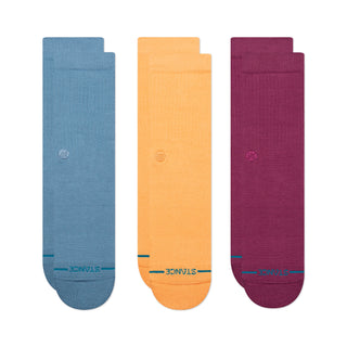 STANCE ICON CREW SOCKS 3 PACK featuring ribbed knit texture in blue, orange, and burgundy colors