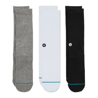 STANCE ICON CREW SOCKS 3 PACK in grey, white, and black with ribbed texture and blue toe accents