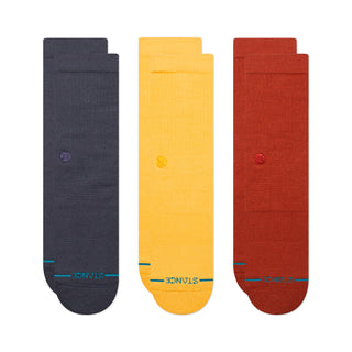 STANCE ICON CREW SOCKS 3 PACK showcasing navy, yellow, and burnt orange combed cotton crew socks with logo detail