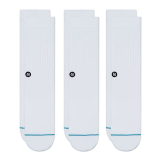 STANCE ICON CREW SOCKS 3 PACK featuring white ribbed cotton with black logo and teal toe detailing