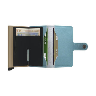 Secrid Miniwallet Art in blue Italian calf leather with card slots and snap closure open view