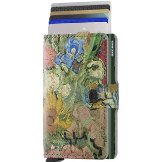 Secrid Miniwallet Art in Italian calf leather with colorful floral print and card slots extended