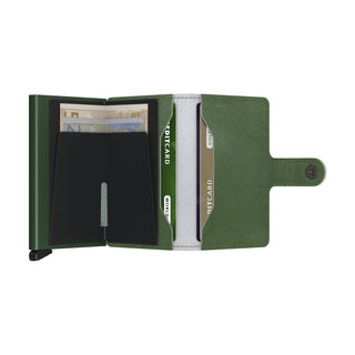 Secrid Miniwallet Art in green Italian calf leather open showing card slots and cash compartment