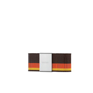 Secrid Moneyband featuring brown elastic with orange and yellow stripes and a stainless steel clip