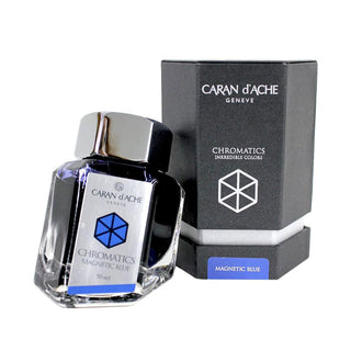 Caran d'Ache Fountain Pen Ink Bottle 50 ml in Magnetic Blue with hexagonal glass and metallic cap