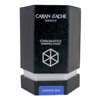 Caran d’Ache Fountain Pen Ink Bottle 50 ml in Magnetic Blue with black hexagonal packaging