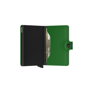 Secrid Miniwallet Matte in green European cowhide with card slot and snap closure open view