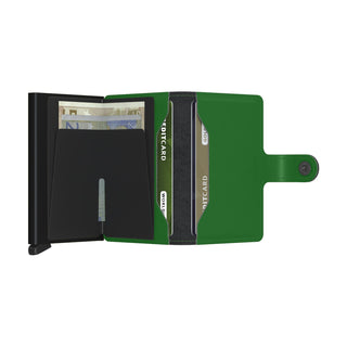 Secrid Miniwallet Matte in green leather open showing card slots and black metal card protector