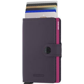 Secrid Miniwallet Matte in purple leather with card holder fanned out and secure snap closure