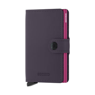 Secrid Miniwallet Matte in purple European cowhide with pink card protector and snap closure