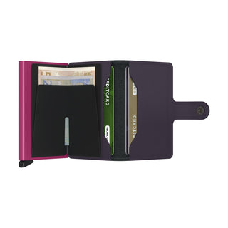 Secrid Miniwallet Matte in purple leather with card slots and cash compartment shown open