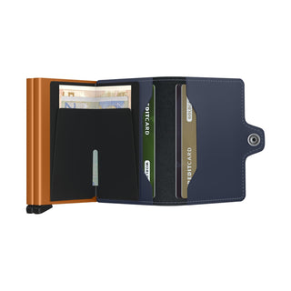 Secrid Twinwallet Matte in navy matte leather showing card slots and cash compartment open view