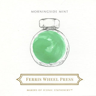 Morningside Mint | 38ml Ink | Ferris Wheel Press showcasing round bottle label with green ink swirl