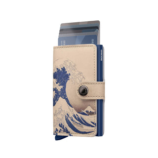 Secrid Miniwallet Art with Japanese wave print on beige Italian calf leather and card holder open