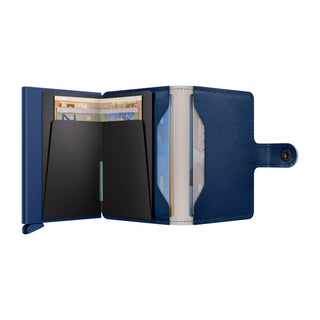 Secrid Miniwallet Art in blue Italian leather with open compartments showing cards and banknotes
