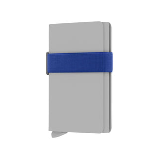 Secrid Additional Band in vibrant blue elastic wrapped around a sleek gray wallet accessory