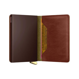Secrid Slimwallet Basco in rich brown vegetable-tanned leather with card slots open view