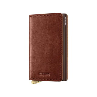 Secrid Slimwallet Basco in brown vegetable-tanned leather with sleek metal card protector edge visible