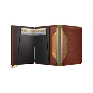 Secrid Slimwallet Basco with smooth brown leather and metal card protector open to show cards and banknotes