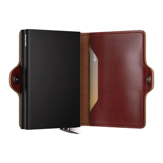 Secrid Twinwallet Basco with smooth black aluminum case and brown Italian leather interior compartments
