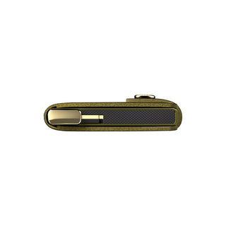 Secrid Miniwallet Basco in olive green leather with slim profile and metal cardholder mechanism visible from side