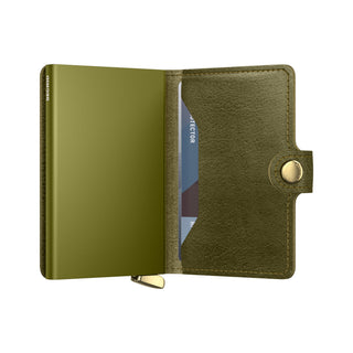 Secrid Miniwallet Basco open showing olive vegetable-tanned leather and card slot with snap closure