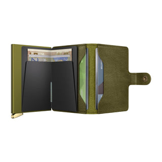 Secrid Miniwallet Basco in olive green vegetable-tanned leather with card slots and cash compartment open