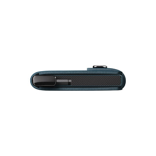 Secrid Miniwallet Basco in dark teal vegetable-tanned leather showing slim profile and metal cardholder mechanism