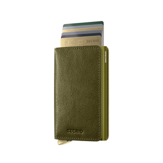 Secrid Slimwallet Basco in olive vegetable-tanned leather with cards partially ejected on white background
