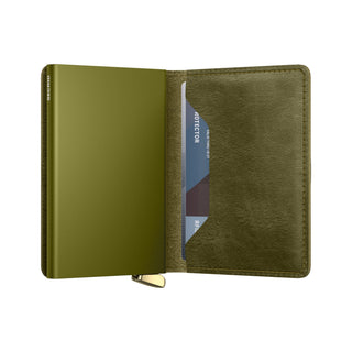 Secrid Slimwallet Basco in olive green vegetable-tanned leather with cardholder open showing interior pocket