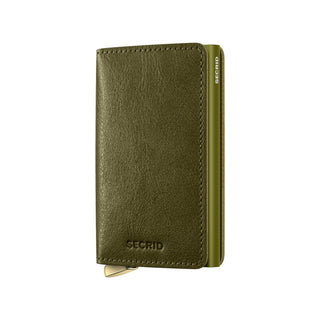 Secrid Slimwallet Basco in olive vegetable-tanned leather with metal card protector edge visible