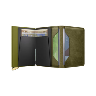 Secrid Slimwallet Basco open showing olive vegetable-tanned leather and card compartments by SECRID