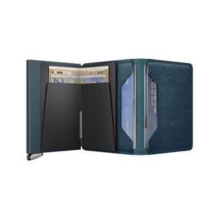 Secrid Slimwallet Basco in blue vegetable-tanned leather with card slots and cash compartment open view