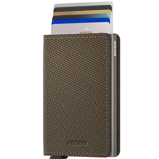 Secrid Slimwallet Carbon in textured brown European cowhide with cards partially ejected from metal casing