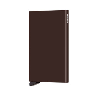 Secrid Cardprotector in dark brown anodised aluminium with slim stainless steel edges and logo on side