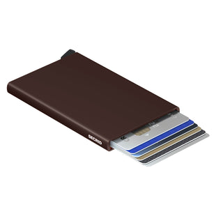 Secrid Cardprotector in brown anodised aluminium with cards partially fanned out showing slim wallet design