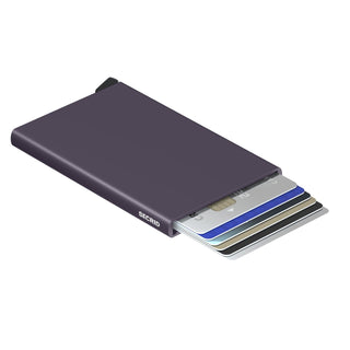 Secrid Cardprotector in dark purple anodised aluminum with cards partially ejected from the side