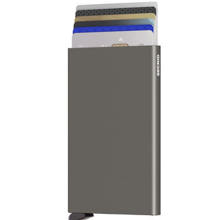 Secrid Cardprotector in gray anodised aluminum holding multiple credit cards partially visible