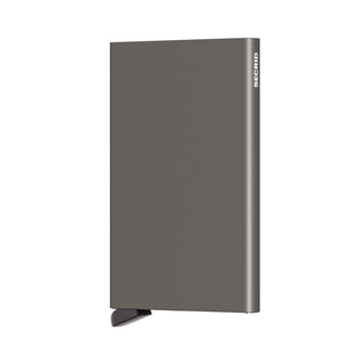 Secrid Cardprotector in matte grey anodised aluminium with slim rectangular shape and embossed logo