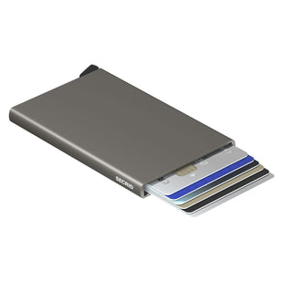 Secrid Cardprotector with anodised aluminium case partially open showing several stored cards