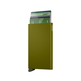 Secrid Cardprotector in olive green anodised aluminium with several cards partially extended from the top