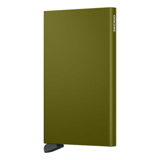 Secrid Cardprotector in olive green anodised aluminium with sleek compact design and SECRID logo visible
