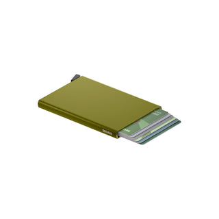 Secrid Cardprotector in olive green anodised aluminium with partially ejected cards from the side slot