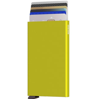 Secrid Cardprotector in lime green anodised aluminum with cards partially ejected from top compartment