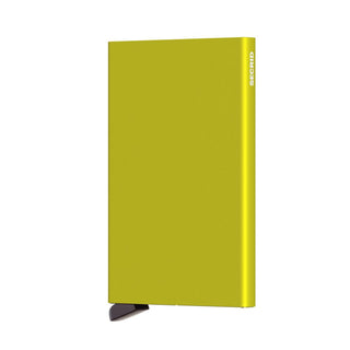 Secrid Cardprotector wallet in bright yellow anodised aluminum with stainless steel card ejector mechanism visible